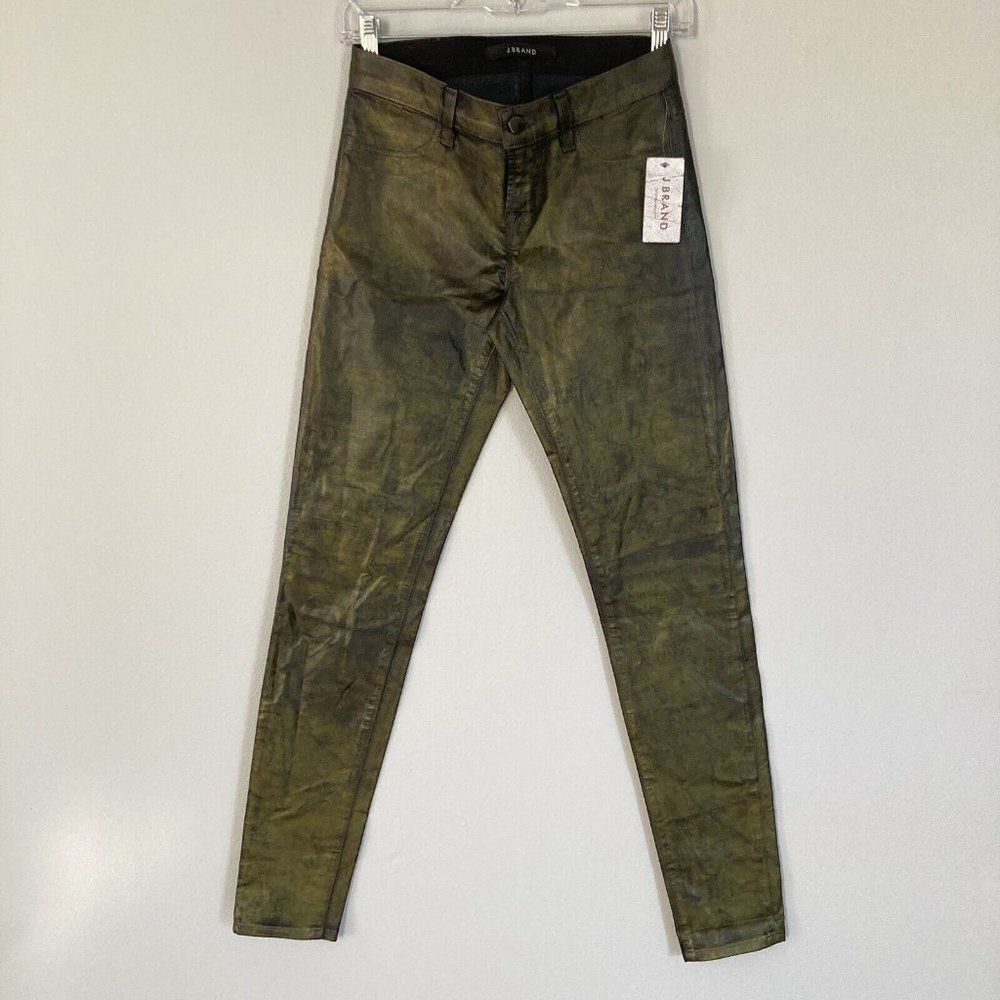 J Brand Jeans Womens 25 Super Skinny Coated Black Tar Dark Bronze Metallic‎ NEW